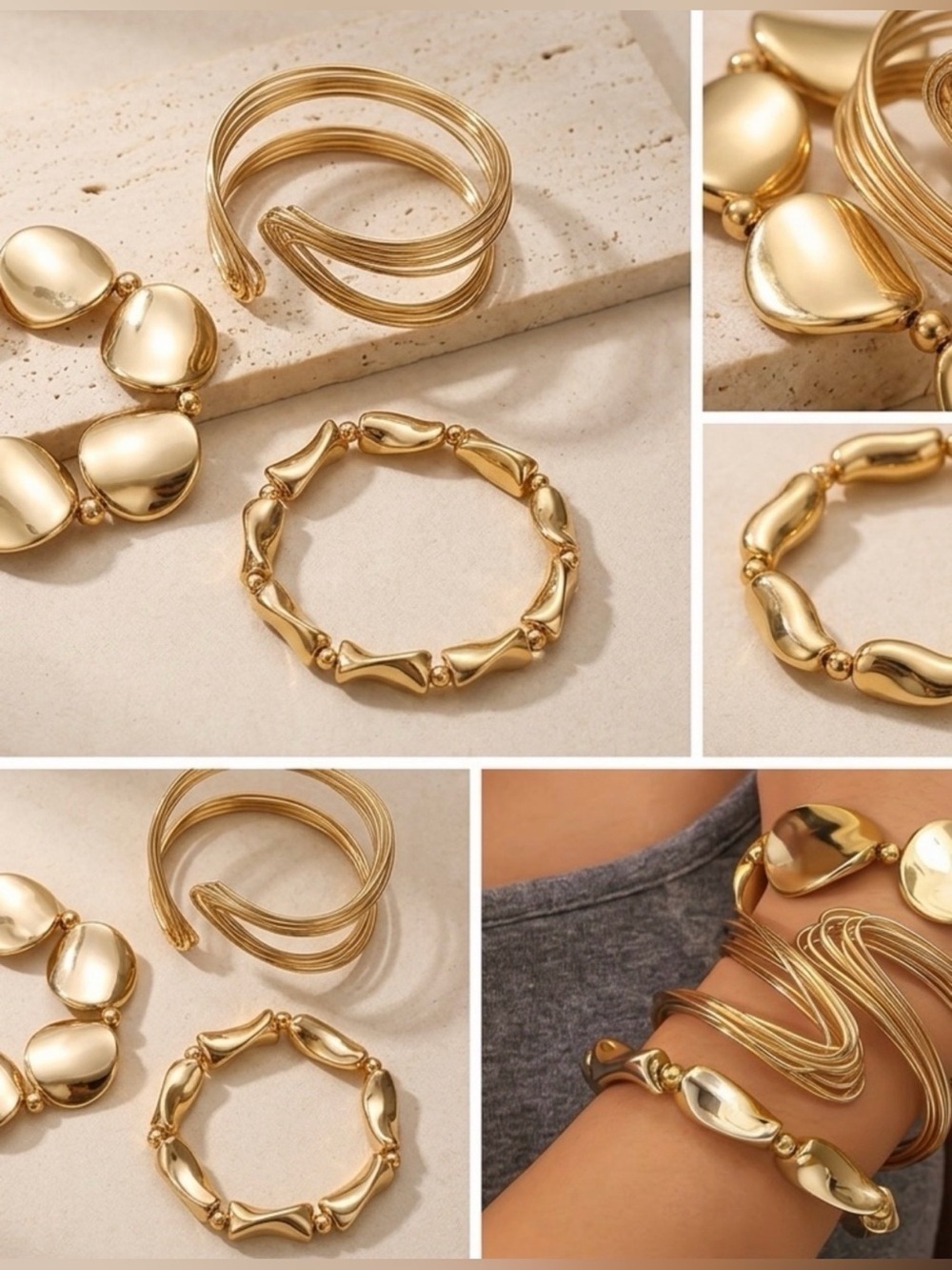 Set of Three Gold Tone Women’s Bracelet Set - Elegant Link & Disc Bangles